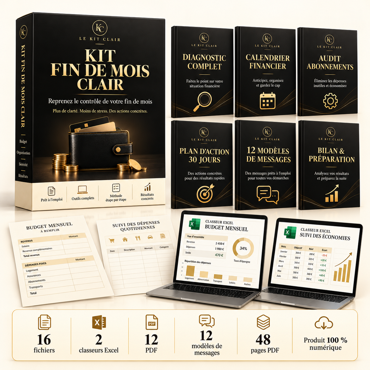 Mise en scène illustrative du contenu du pack Kit Fin de Mois Clair